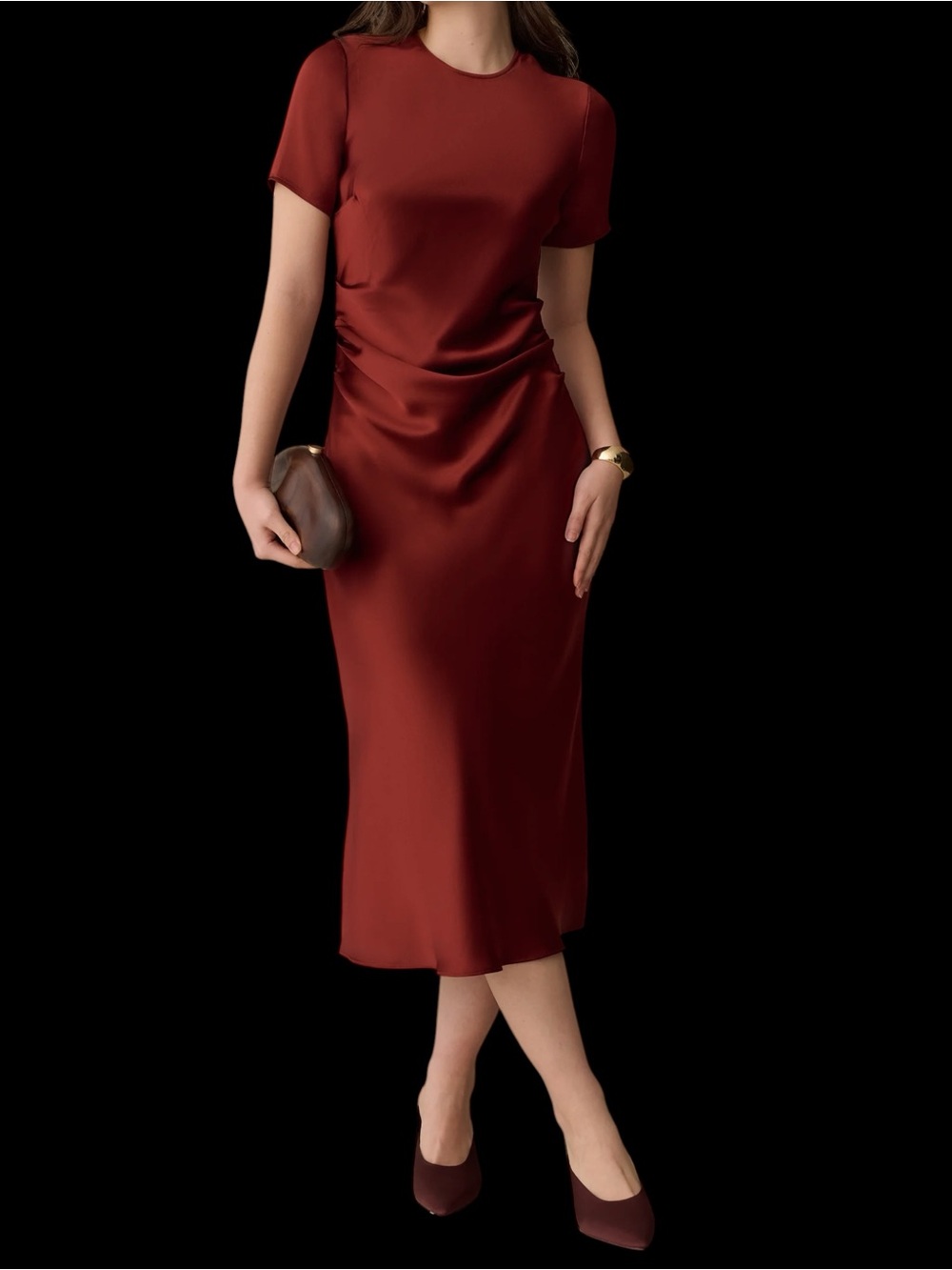 Few Moda o.p.t. Nessa Dress Short-Sleeve Cocktail Midi Mahogany NWT